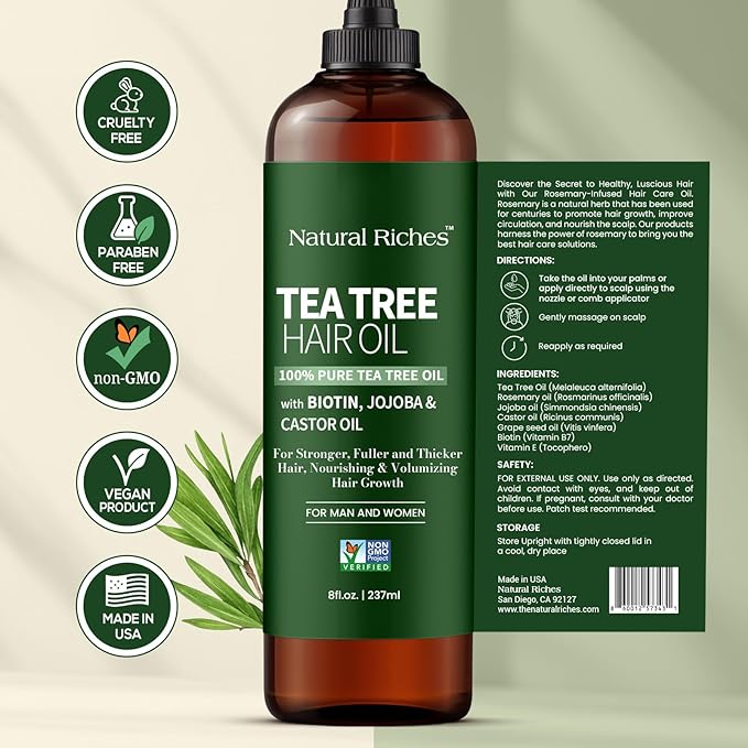 Natural Riches Tea Tree Oil for Hair - Blended with Vitamin E and Castor Oil for Hair Growth - Tea Tree Scalp Treatment for Dry Scalp - Lightweight Scalp Oil for Healthy, Strong Hair - 8 fl oz-Velvo Beauty