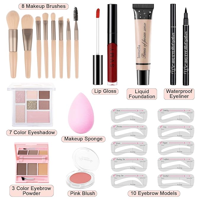 Makeup Kit for Teens Girls, Makeup Present Set for Women, Makeup Full Kit for Beginners, Mini Makeup Bundle Include 7 Pink colors Matte & Shimmer Pigmented Eyeshadow Palette, Eyebrow Powder-Velvo Beauty