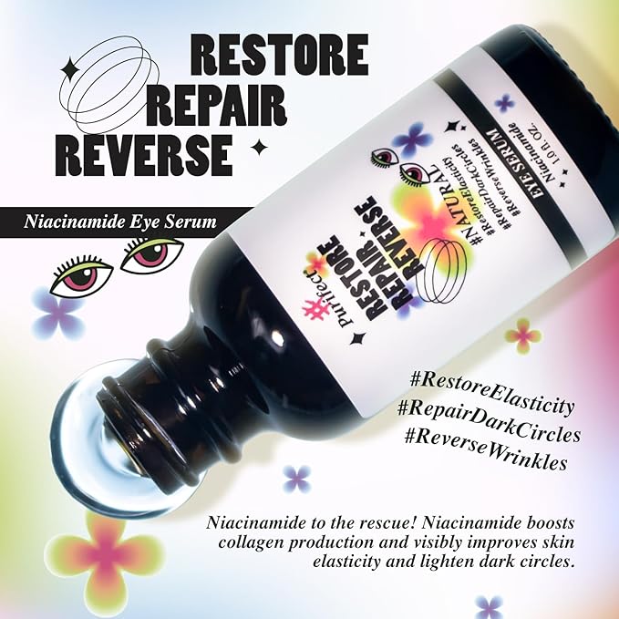 Made in USA Natural Peptide Retinol Niacinamide Eye Serum Anti Aging Brightening Firming Under Eye Care Non-greasy Formula - 1oz/30ml (#Purifect RestoreRepairReverse Niacinamide Eye Serum)-Velvo Beauty