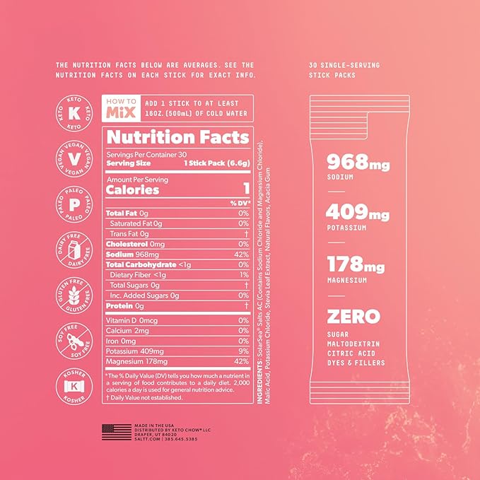 Keto Chow SALTT Electrolytes Powder Packets, Fruit Variety Pack (30 Packets) - Magnesium, Potassium, Sodium, Trace Minerals - Vegan, Sugar Free, Gluten Free - Travel Essentials - Made in USA-Velvo Beauty