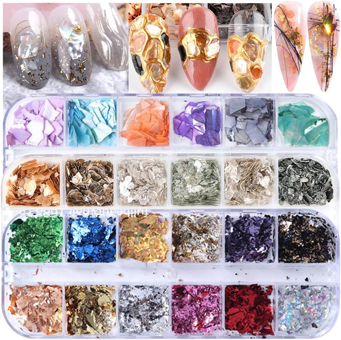 3 Boxes 36 Grids Nail Art Foil Flakes Glitter Irregular Mica Seashell Flakes,Nail Supplies Glitter Slice Colorful Marble Seashell DIY Acrylic Decorations Charms-Velvo Beauty