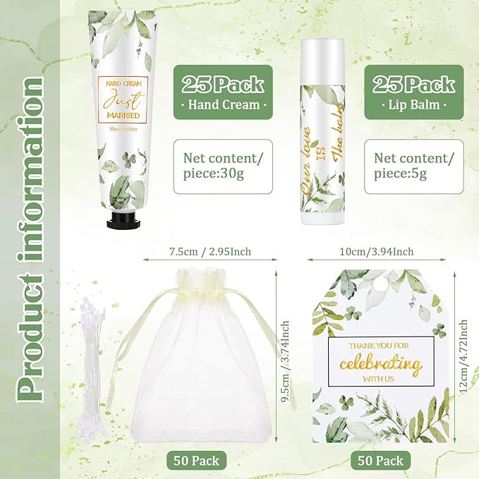 25 Set Wedding Lip Balms and Hand Cream Gift Set Include 25 Moisturizing Hand Care Cream 25 Lip Balms with Thank You Cards and Bags Bridesmaid Gift Set for Bridal Shower Wedding(Greenery)-Velvo Beauty