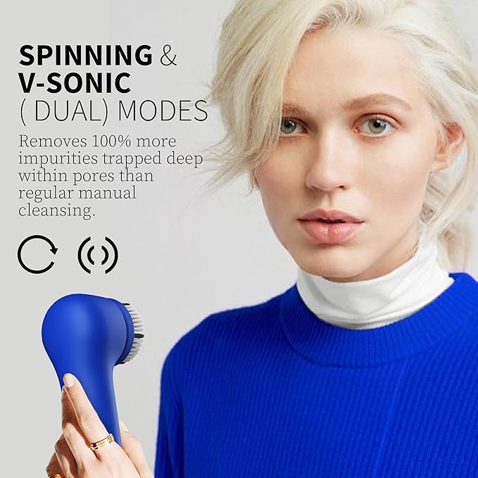 Premium Face Scrubber, Deep Pore Cleansing Brush, Waterproof & Rechargeable Face Scrub Brush for Men& Women, Electric Facial Exfoliator with 3 Brushes, 3 Intensities, 2 Modes with Eye Rollor - Azure-Velvo Beauty