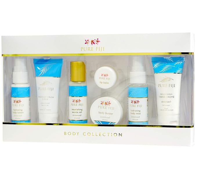 Pure Fiji Body Collection 7pacs- Bath and Body Gift Set Include - Body Mist,Coconut Crush, Body Oil, Body Butter, Soap, Body Lotion, Hand Creme - Travel Size, Scent Coconut-Velvo Beauty