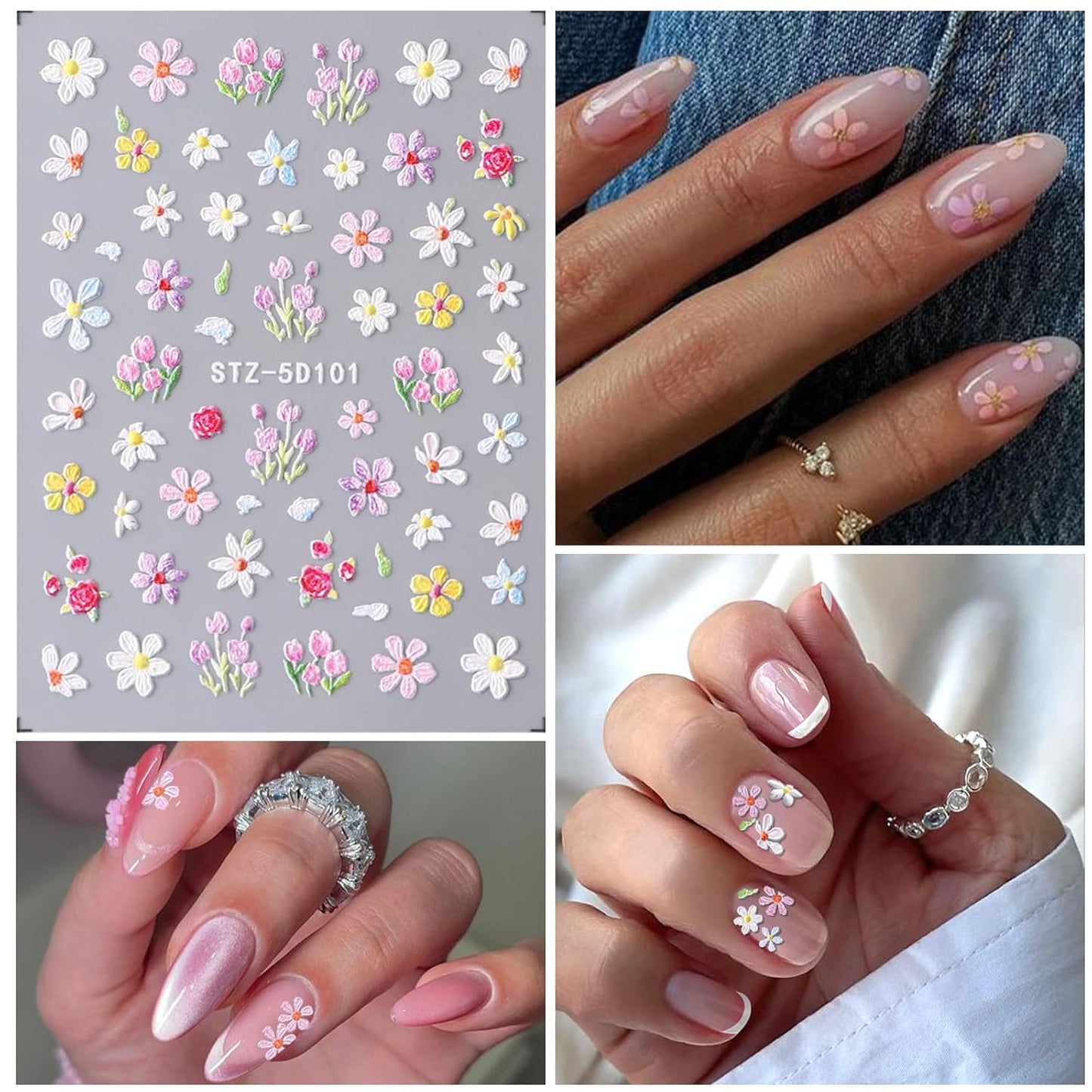 Flower Nail Art Stickers 7 Sheets 5D Nail Decals Spring Summer Nails Art Design 3D Self-Adhesive Supplies White Yellowe Daisy Flower Nails Decoration for Women DIY Design-Velvo Beauty