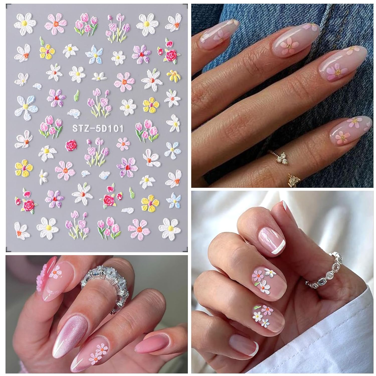 Flower Nail Art Stickers 7 Sheets 5D Nail Decals Spring Summer Nails Art Design 3D Self-Adhesive Supplies White Yellowe Daisy Flower Nails Decoration for Women DIY Design-Velvo Beauty