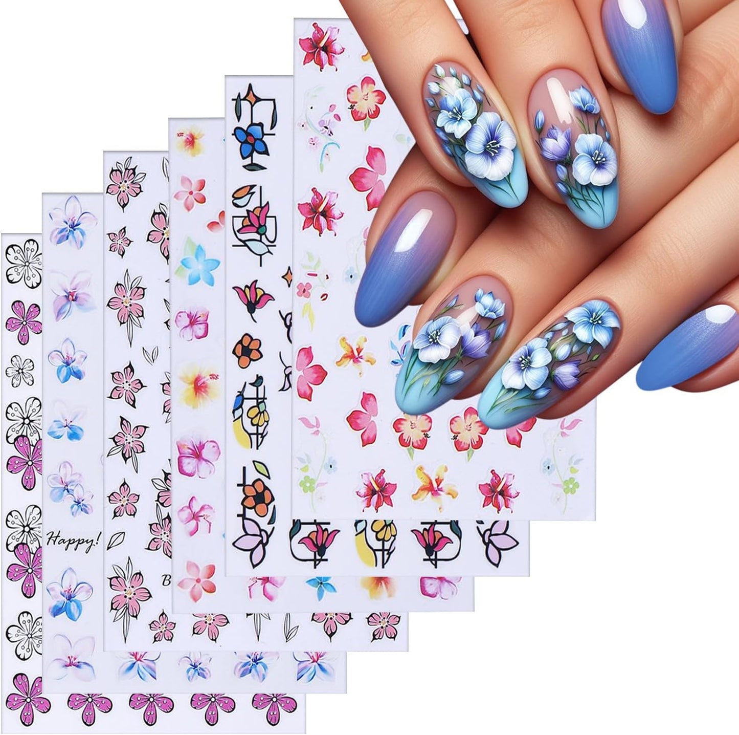 6 Sheets Flower Nail Art Stickers 3D Self-Adhesive Spring Summer Nail Sticker Butterfly Nails Art Decals Holographic Floral Nails Decal Decoration for Women Blossom Manicure DIY Nail Supplies-Velvo Beauty