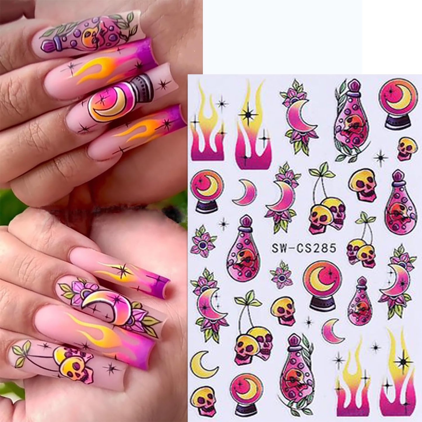 6 Sheets Halloween Nail Art Stickers 3D Self -Adhesive Cute Ghost Pumpkin Nail Decals Holographic Heart Spider Web Skeleton Flame Nail Stickers Halloween Nail Decoration for Women Manicure Supplies-Velvo Beauty