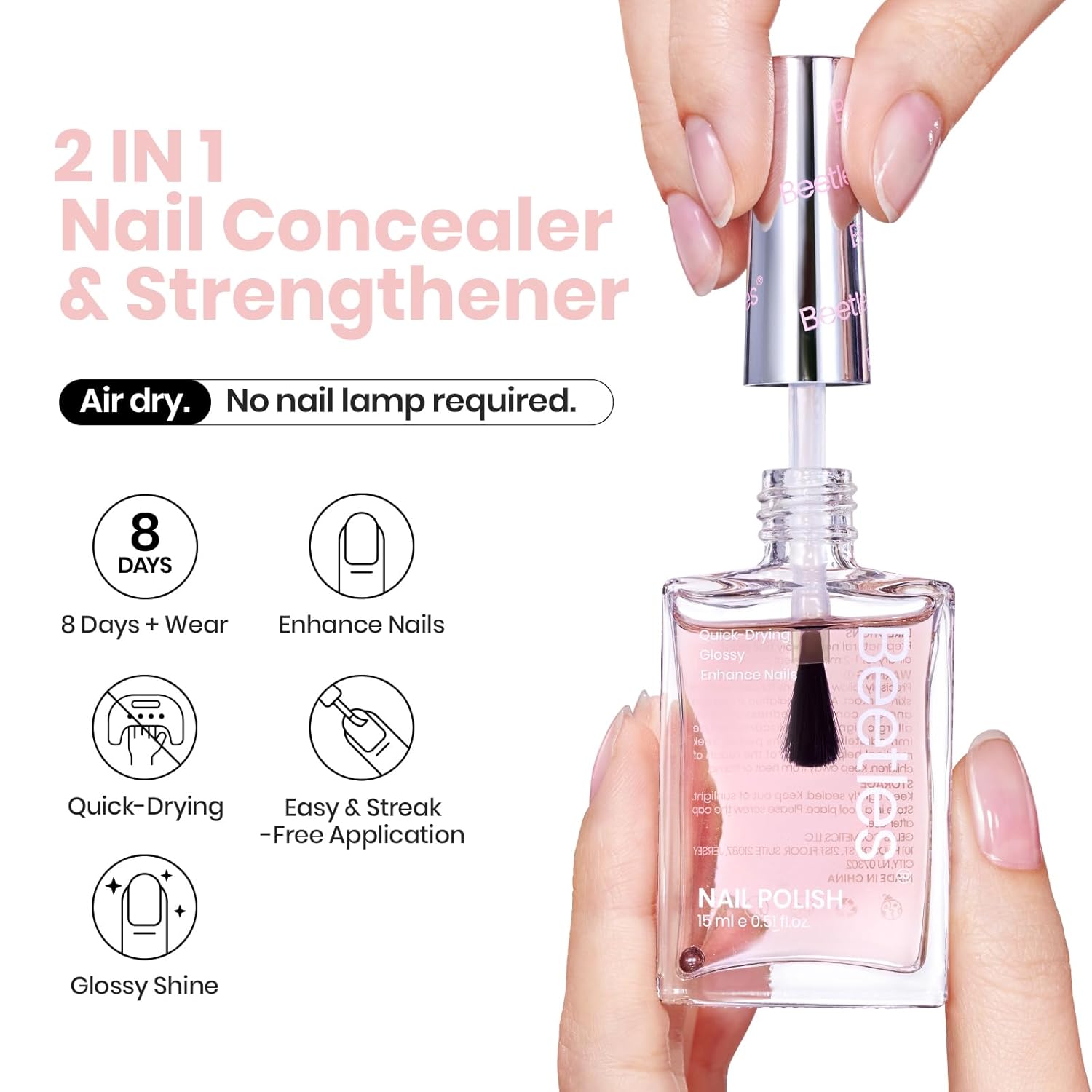 Beetles Nail Strengthener - Clear Pink Nail Concealer Fast Air Dry Clear Air Dry Nail Growth for Damaged Uneven Nails Fingernail Polish for Pink Bliss Nail Art Manicure Salon Quality-Velvo Beauty