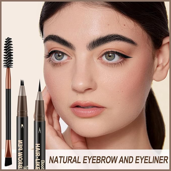 Boobeen 2pcs Waterproof Eyebrow Pen，Dual-Ended Eyeliner Microblading Eyebrow Pencil for Women，Long Lasting Hair-Like Brow Pen with Brow Brush，Dark Brown-Velvo Beauty