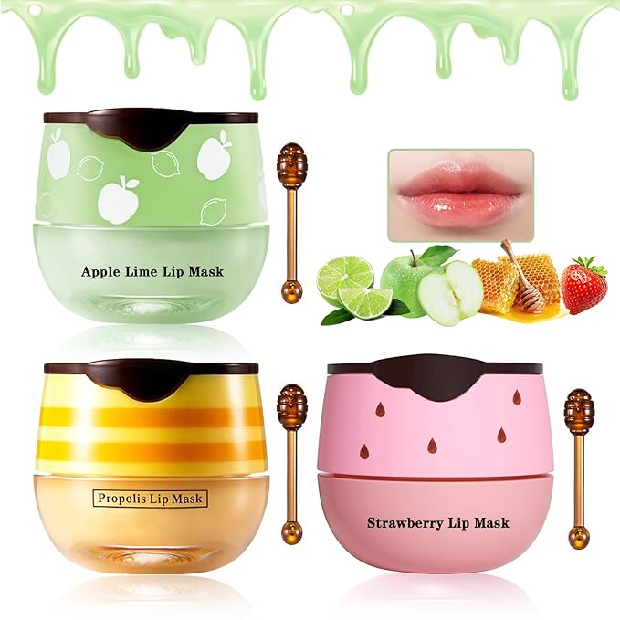3PCS Bee Lip Balm Honey Pot Honey Strawberry Apple Lip Balm Sleeping Lip Mask Silky Hydrating Bee Lip Balm Lip Mask Overnight Lip Care Products(Honey+Strawberry+Apple Lime)-Velvo Beauty