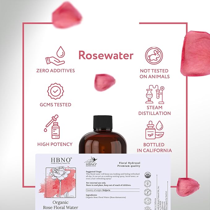 HBNO California Bottled Organic Rose Water for Face Huge 16 fl oz (480ml) Value Size - USDA Certified for Face - Pure Rose Water for Hair - Rosewater for Skincare, Haircare-Velvo Beauty