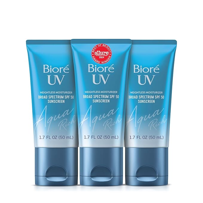 Biore UV Aqua Rich Daily Hydrating Facial Moisturizer with SPF 50 | Oil Free Sunscreen & Primer for Makeup with Hyaluronic Acid, No White Cast, Non-Comedogenic, For Sensitive Skin, 1.7 Oz, 3pck-Velvo Beauty
