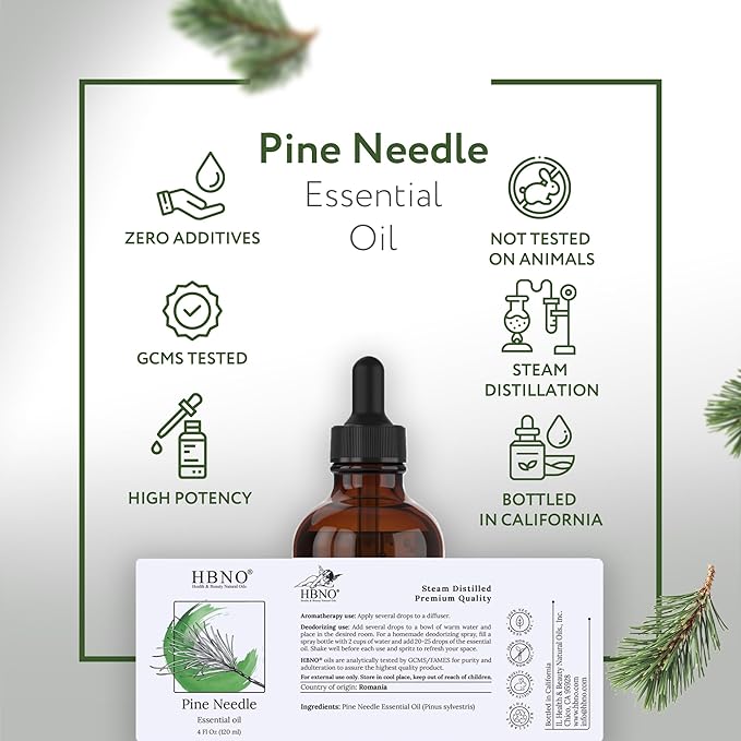 HBNO California Bottled Pine Needle Essential Oil 4 fl oz (120ml) - Natural Pine Needle Oil - Perfect for Cleaning, Aromatherapy, DIY, Soap & Diffuser-Velvo Beauty