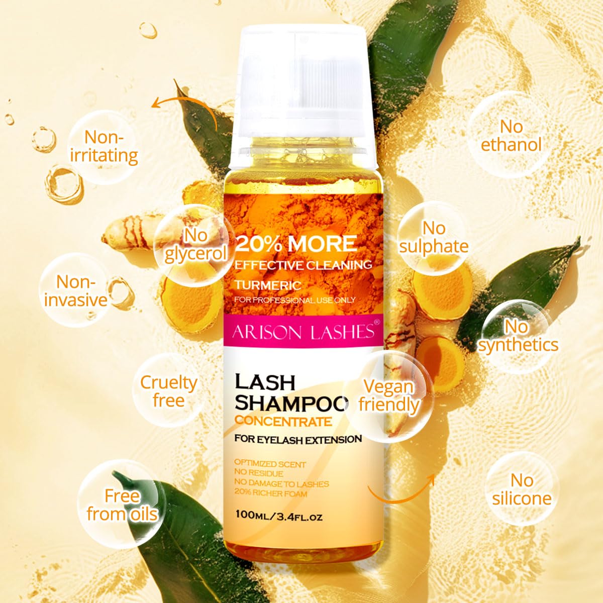ARISON LASHES Lash Shampoo Concentrate for Lash Extensions 100ML Eyelash Cleanser Concentrate Oil-Free Eyelash Extension Shampoo with Salon Home Care(Turmeric)-Velvo Beauty