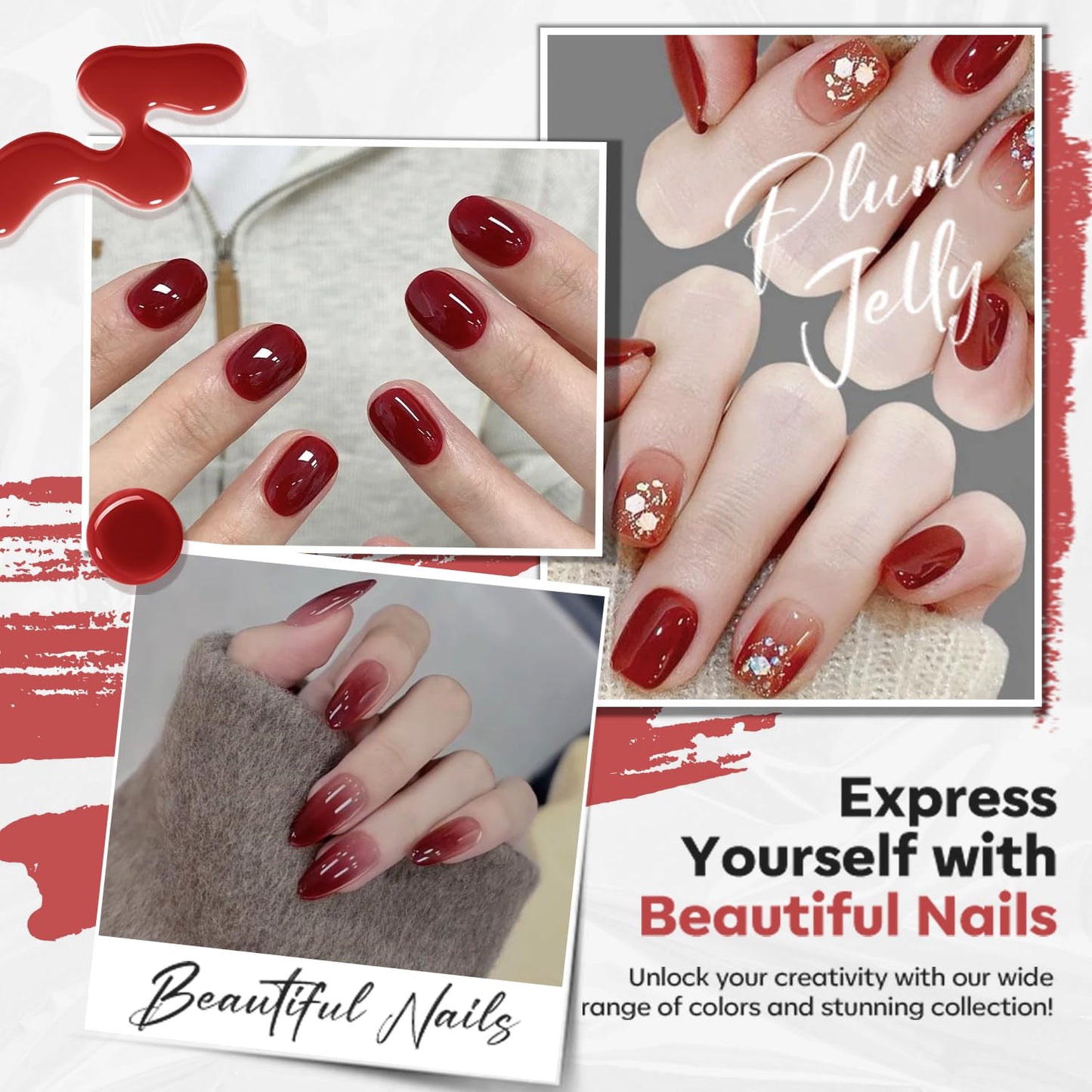 modelones Jelly Red Nail Polish, Sheer Dark Red Clear Translucent Semi-Transparent 15 ml Quick Dry Nail Lacquer Strengthener Long Last Finger Toe Nail Art DIY Manicure Gift for Women Girls 0.5 Fl Oz-Velvo Beauty
