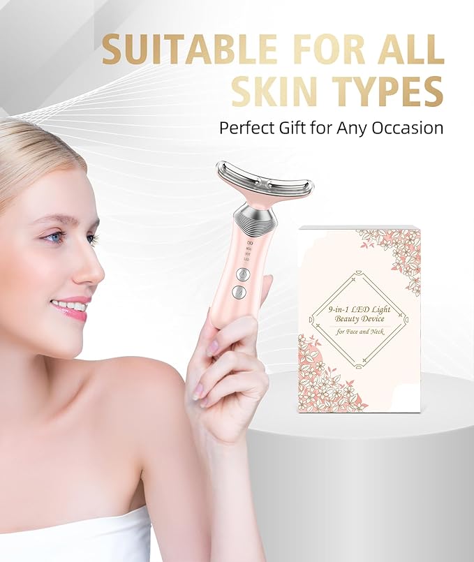 9-in-1 Red-Light-Therapy-for-Face-and-Neck, Portable Facial Massager Tool with Adjustable Vibration & Thermals for Wrinkles, Double Chin, Pink-Velvo Beauty