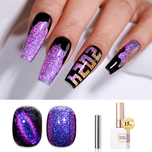 Double Rhythm Cat Eye Gel Polish with Magnet 15ML Holographic Glitter Shimmer Translucent Sheer Color Jelly Glass Magnetic Gel Polish Salon DIY at Home (Purple Blue-MC1074)-Velvo Beauty