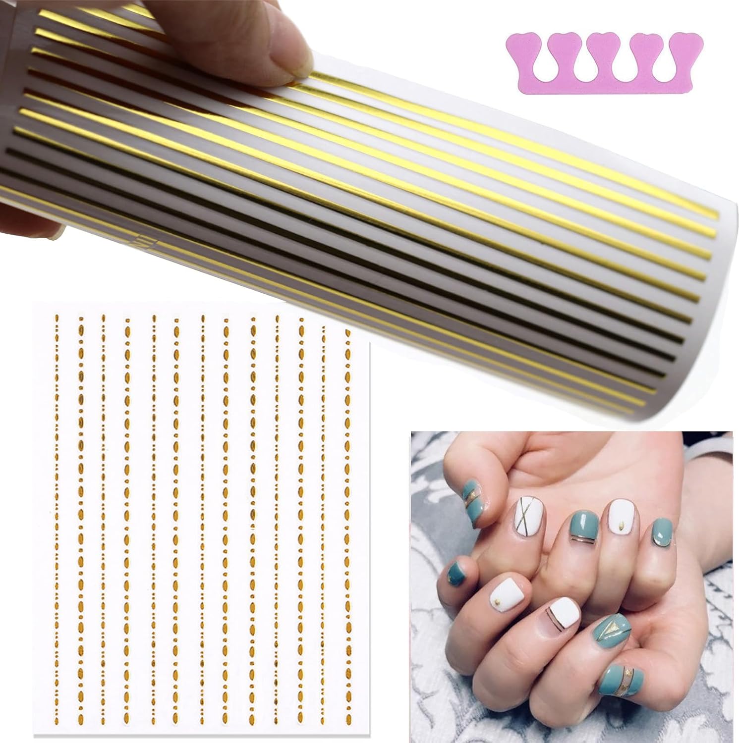 22 Sheets 3D Nail Adhesive Stickers for Women Gold Metallic Chain Line Nail Stickers Diamond Design Luxury Nail Art Decoration with with Tweezers Nail File Separators-Velvo Beauty