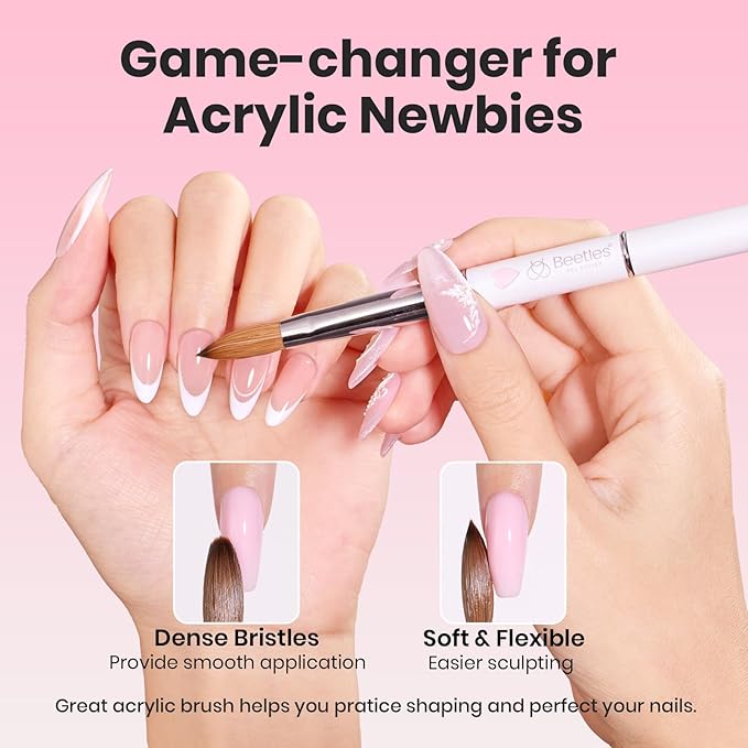 Beetles Acrylic Nail Brush Kolinsky Hair Bristles Round Shaped Metal Handle Nail Art Brushes for Manicure Extension Acrylic Powder DIY at Home Manicure Tool - Size 10-Velvo Beauty