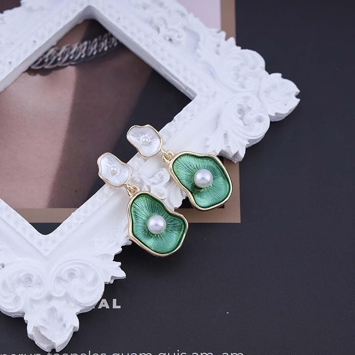 Vintage Lotus leaf Pearl Drop Earrings Green Lotus Leaf Earrings Green Enamel Flower Earrings Gold Irregular Pearl Earrings Jewelry for Women-Velvo Beauty