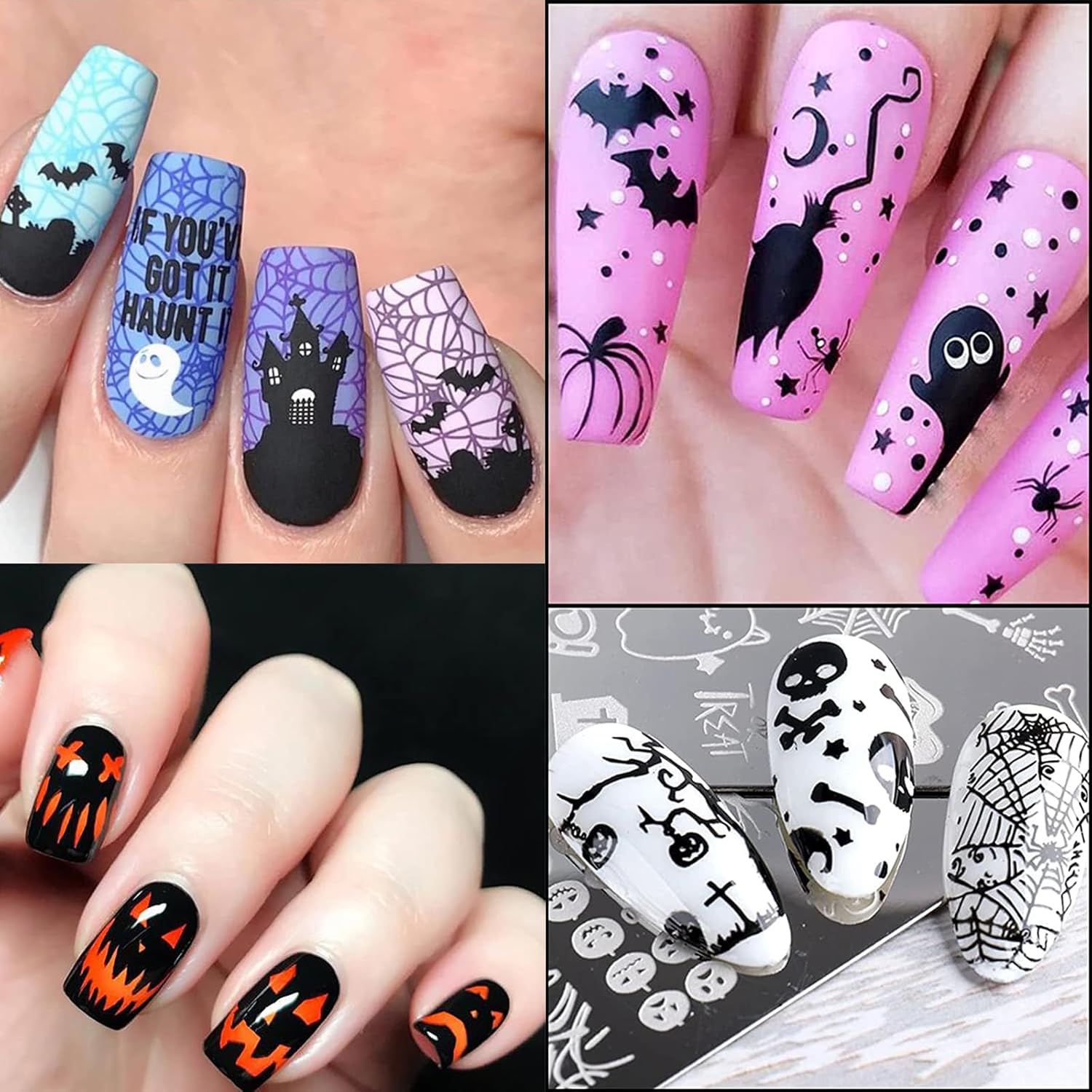 Halloween Nail Stamper Kit 6 Pcs Nail Plates +1 Nail Stamper + 1 Nail Scraper Horror Skull Spider Ghost Bat Nail Art Design Template Nail Stencils Plates Nail Supplies Tools Nail 8pcs Set-Velvo Beauty