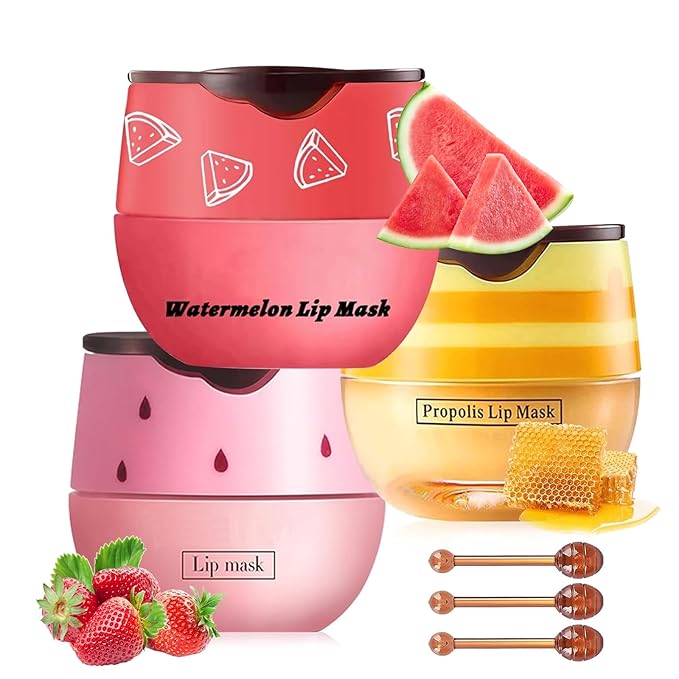 Bee Lip Balm Honey Pot, Strawberry & Honey Moisturizing Propolis Lip Mask, Hydrating & Prevention Dry and Cracked Lip Scrubs Exfoliator, Reduces Lip Lines (Red Yellow Pink)-Velvo Beauty