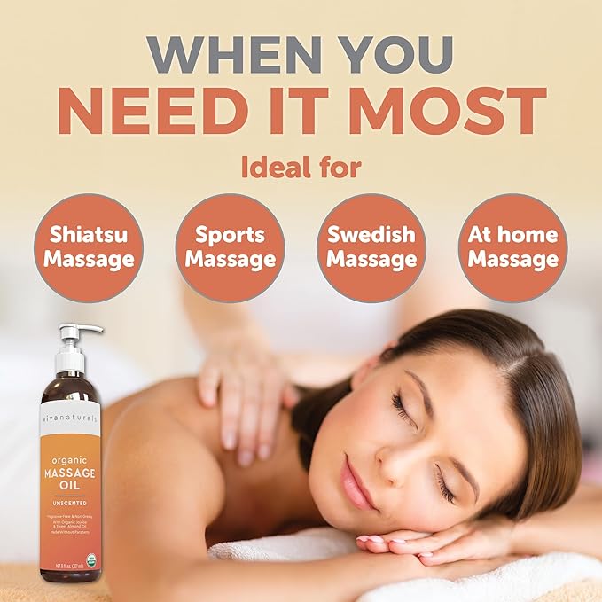 Viva Naturals Organic Massage Oil Unscented (8 fl. oz.) - Non-Greasy Body Oil with Mess-Free Pump, Moisturizing Massage Oils for Massage Therapy, Non-GMO and Certified Organic, 237 mL-Velvo Beauty