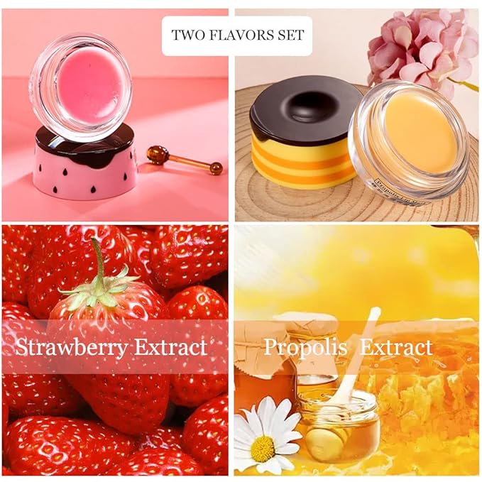 Bee Lip Balm Honey Pot, 2 PCS Strawberry & Honey Hydrating Prevention Dry and Cracked Lip Scrubs Exfoliator, Propolis Moisturizing Lip Sleep Mask Reduces Lip Lines, Lip Exfoliating Honey Bee Lip Mask-Velvo Beauty