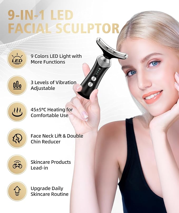 9-in-1 Red-Light-Therapy-for-Face-and-Neck, Portable Facial Massager Tool with Adjustable Vibration & Thermals for Wrinkles, Double Chin, Black-Velvo Beauty