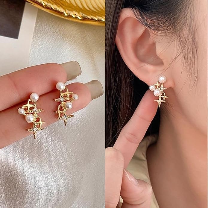 Vintage Pearl Star Earrings Rhinestone Pearl Drop Earrings Gold Crystal North Star Earrings Cz Northstar Studs Earrings Jewelry for Women-Velvo Beauty