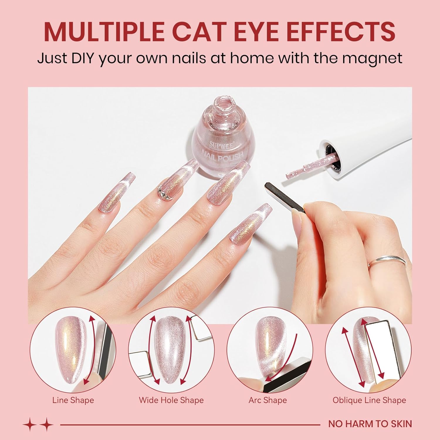 Coupled Pink Cat Eye Nail Polish Non Gel with Magnet Quick Dry Magnetic Nail Polish for Fingernail Air Drying Fast Lacquer Manicure Gift For Women Girls 16ml, 0.54fl oz-Velvo Beauty