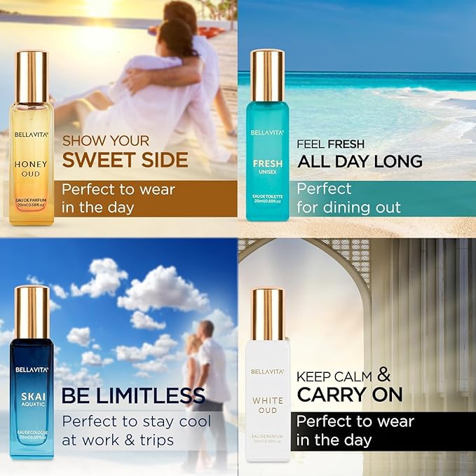 BellaVita Luxury Unisex Cologne Gift Set (4x20ml) | Fragrances Includes Honey OUD, SKAI, FRESH & White OUD | Travel Size Mini Perfumes & Spicy Vanilla Perfume Oil | Unisex Perfume for Women & Men-Velvo Beauty