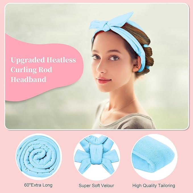 Heatless Curling Rod Headband, Upgraded 60" Extra Long Heatless Curls Headband Soft Hair Curlers to Sleep In Hair Rollers No Heat Curls (Blue)-Velvo Beauty