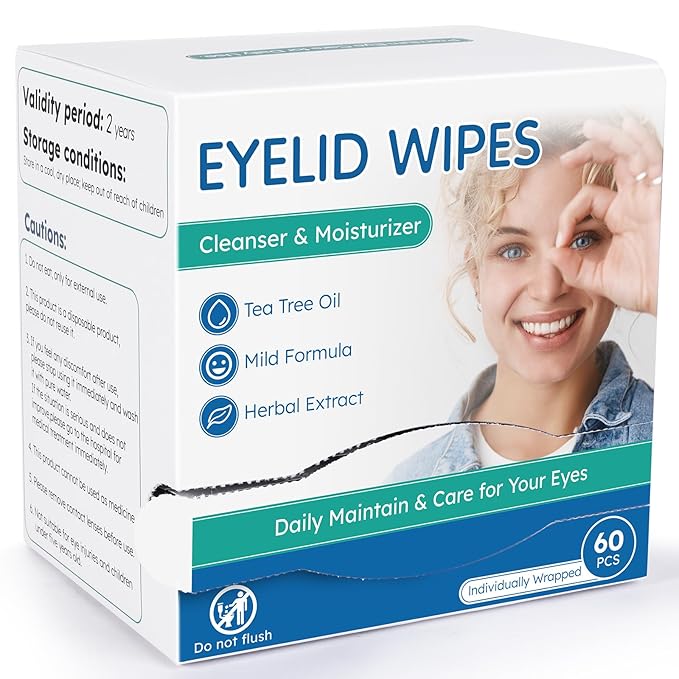 60-Count Eyelid Cleansing Wipes for Dry Eye & Blepharitis, tea tree oil Pre-Moistened Hypoallergenic EyeWipes for Sensitive Itchy Eyes, Individually Wrapped Eyelid Wipes Travel Essentials-Velvo Beauty