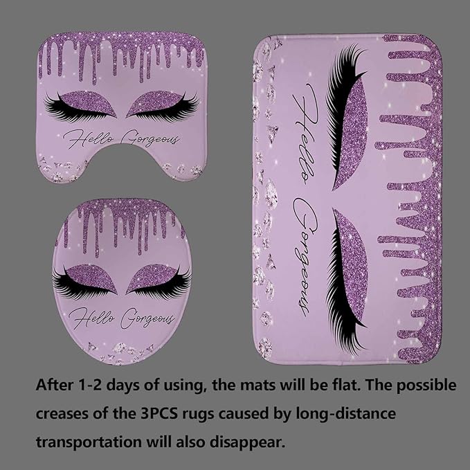 4PCS Purple Glitter Hello Gorgeous Shower Curtain Set, Glam Bling Diamond Rhinestones Gem Makeup Unicorn Eyelash Bathroom Decor, Waterproof Fabric Shower Curtain, Non-Slip Bath Mat Toilet Rug-Velvo Beauty