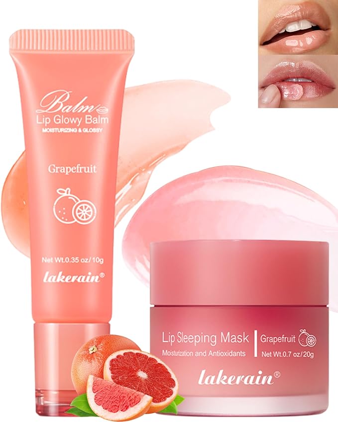 2Pcs Lip Glowy Balm & Lip Sleeping Mask Set,Hydrating Nourishing Repair Sleeping Lip Mask,Glossy Tinted Lip Balm,Day & Night Smooth Cracked Chapped Lip,Lip Care Therapy Treatment for Women-Grapefruit-Velvo Beauty