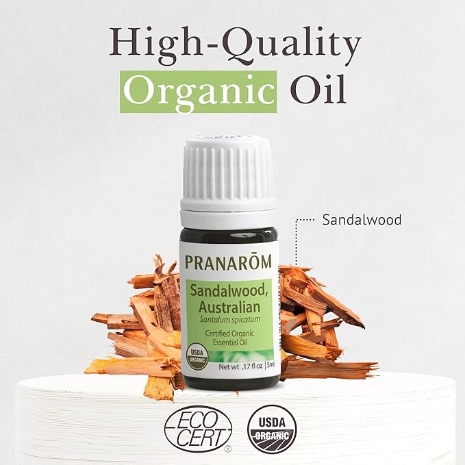 Pranarom USDA Certified Organic Australian Sandalwood Essential Oil (5ml), 100% Pure Natural Therapeutic Grade for Home Diffusing, Aromatherapy, Skincare, Candle Making, DIY Perfumes-Velvo Beauty