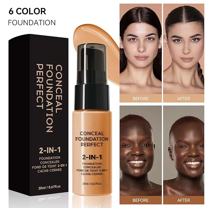 6 Colors Liquid Foundation Long-Lasting,Poreless Liquid Oil Concealer Foundation For All Skin Type,Waterproof & Sweat-Proof,Easy To Push Away,Flawless Finish Foundation,Balanced Skin Color-Velvo Beauty