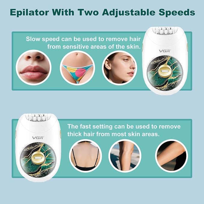 VGR 706 Professional Epilator for Women,Portable Cordless Smooth Glide Hair Removal Device for Legs, Underarm, Back,Full-Body Epilator with 18 Tweezers System, 2 Speeds Hair Removal with Silent Design-Velvo Beauty