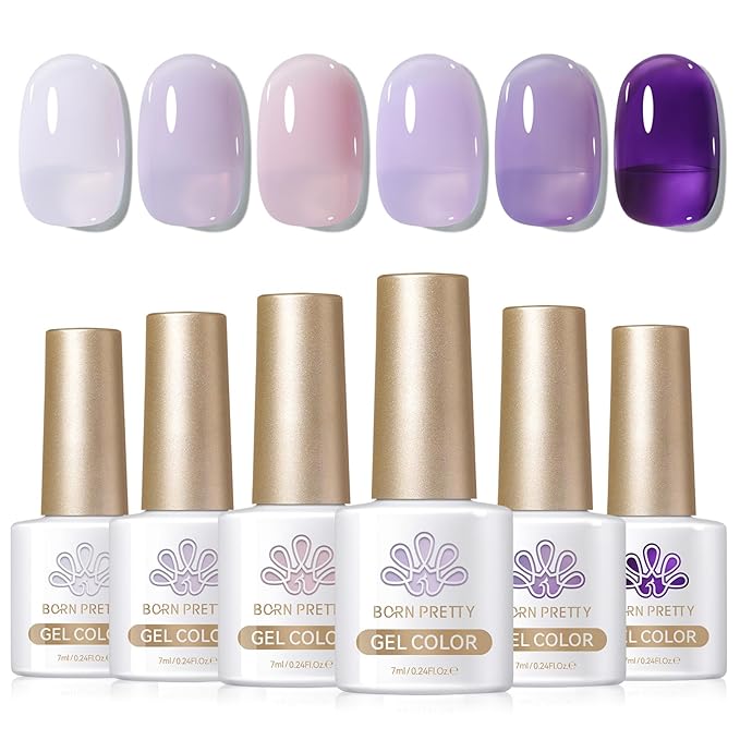 BORN PRETTY Jelly Purple Gel Nail Polish 6 Colors Purple Violets Colors Gel Polish Kit Soak Off Gel Nail Kit Collection Nail Art Gel Manicure Kit DIY at Home Salon Gifts-Velvo Beauty