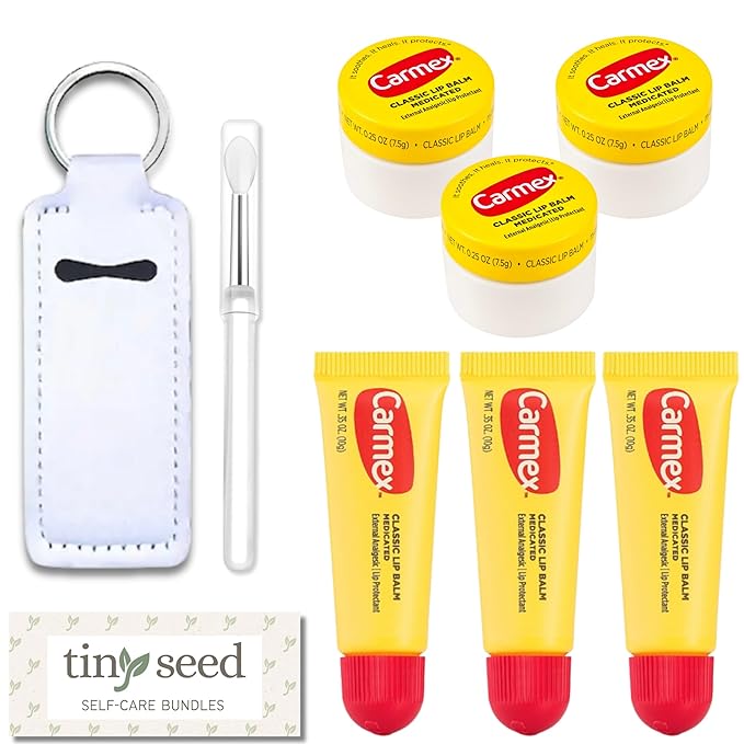 Set of 6 Medicated Lip Balms by Carmex: 3 Jars and 3 Tubes. Carmex Lip Balm Moisturizer, Trusted Relief for Dry, Chapped Lips. Bundled with Silicone Lip Brush and Lip Balm Holder Keychain (White)-Velvo Beauty