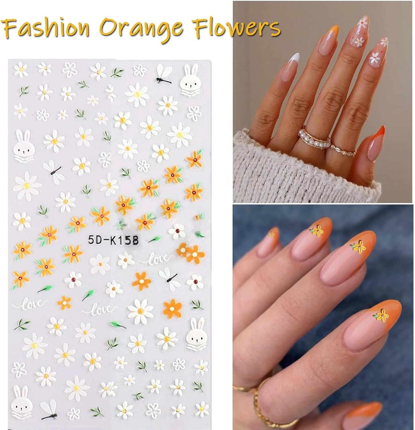 Flower Nail Stickers for Nail Art 6 Sheets 5D Embossed Nails Decals Spring Summer Self-Adhesive Supplies Accessories 3D Flowers Nails Stickers for Women Design Decoration-Velvo Beauty