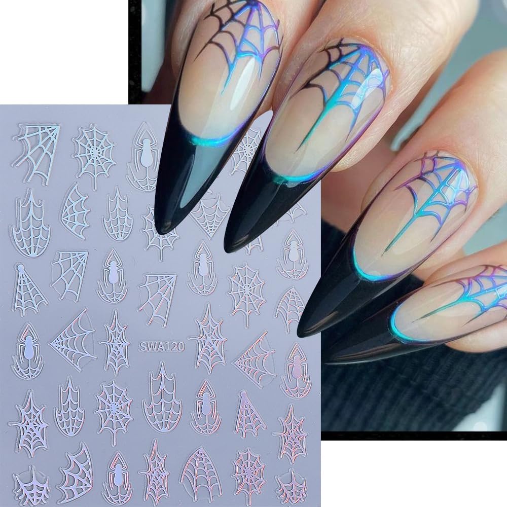 5 Sheets Halloween Spider Web Nail Stickers for Nail Art 3D Self-Adhesive Spider Web Nail Art Stickers White Black Silver Laser Gold Spider Nail Decals Holiday Nail Design Supplies for Women-Velvo Beauty