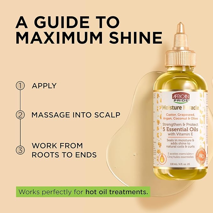 African Pride Moisture Miracle 5 Essential Hair Oils with Vitamin E (Pack of 3) | Moisture, Shine, Protection, and Growth | Argan, Castor, Grapeseed, Coconut, and Olive Oil | 4 oz-Velvo Beauty