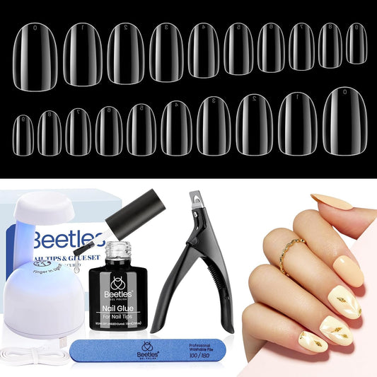 Beetles Nail Tips 240 Pcs Short Oval Nail Kit 5 In 1 Nail Glue Base Gel Uv Led Lamp Press on Nails Easy Nail Extension Set for Women-Velvo Beauty