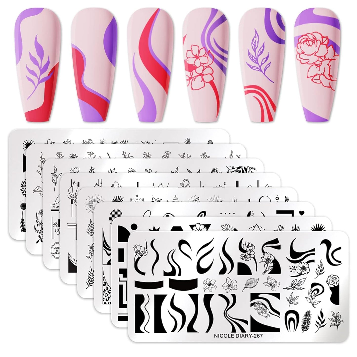 Born Pretty Nail Art Stamping Templates Set Flowers Leaves Plant French Stamping Image Plates Manicure DIY Design Stamp Plates 8PCS-Velvo Beauty
