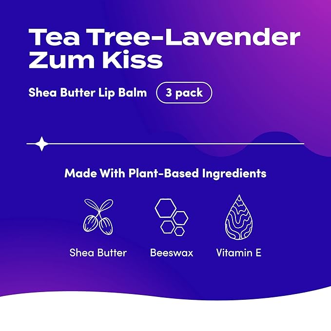 Zum Tea Tree-Lavender Kiss Stick (Pack of 3) with Certified Organic Sunflower Seed Oil, Beeswax, Shea Butter, Pure Essential Oils, Candelila Wax, Vitamin E and Honey, 0.15 oz-Velvo Beauty