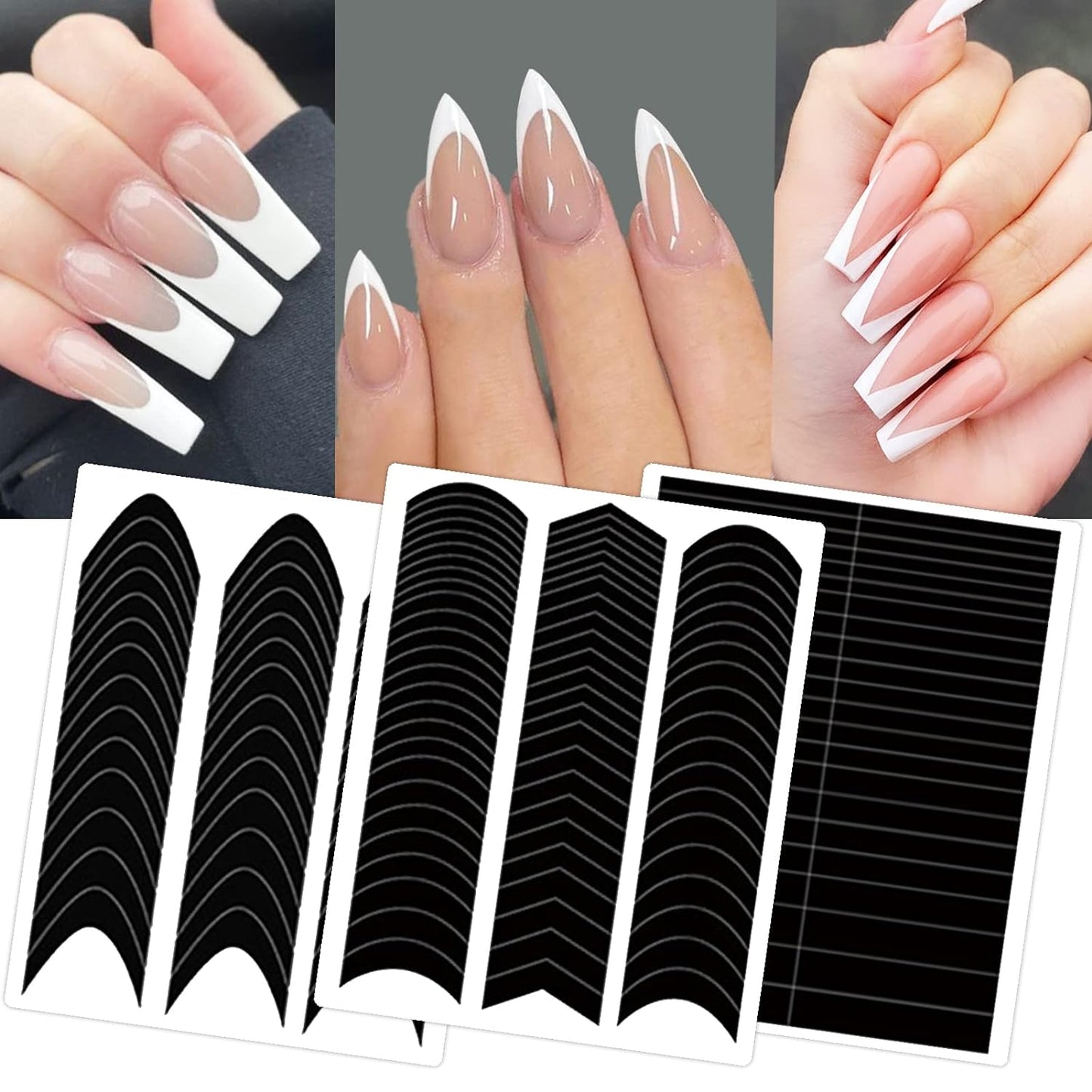 1860 Pcs French Tip Nail Guides, Self-Adhesive French V-Shaped Moon Shaped Manicure Strip Stickers for Edge Auxiliary Black DIY Decoration Stencil Tools(5 Designs, 36 Sheets)-Velvo Beauty