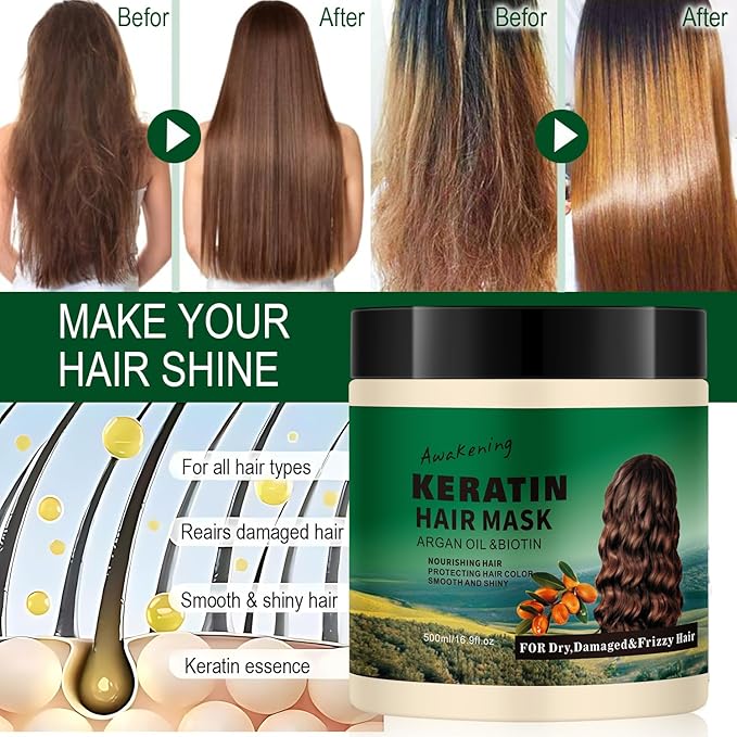 Hair Mask Deep Treatment Conditioner Collagen Protein Argan Oil Biotin Repair For Dry Damaged Frizzy Curly All Hair Types(16.9 Fl Oz/500ml) (keratin)-Velvo Beauty